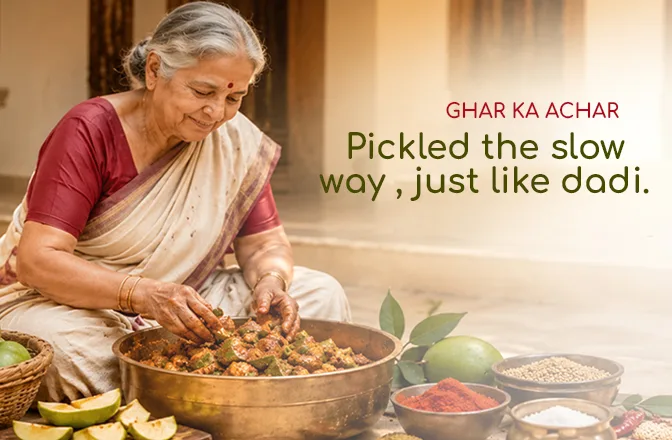 Ghar ka achar – pickled the slow way, just like dadi. Achar mixed by hand in small batches, with recipes passed down from mothers. Shop achar.