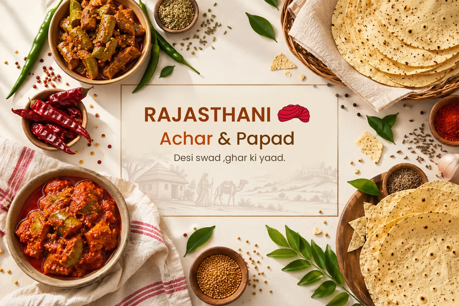 Rajasthani achar and papad – desi swad, ghar ki yaad. Bowls of achar, red chillies, spices and a stack of papad on a cloth.