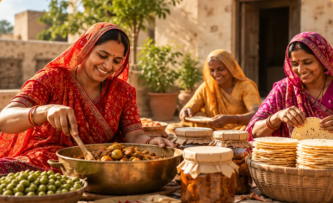 Village women making achar and papad together in their courtyard